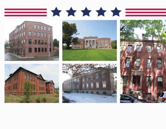 Pictures of veteran housing projects (34 E Springfield St, Pleasant St Apartments, Chapin School Apartments, Clear Path NE) with star badge insignia graphic to the left