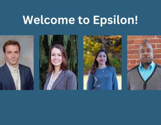 Welcome graphic featuring headshots of four new employees: James Bailey, Gabrielle D'Arcangelo, Christina Lyons, and Justin Wilson