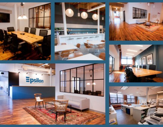 Collage of the renovated office interior, including the entry lobby, conference rooms, the kitchen, print room, and hallways.
